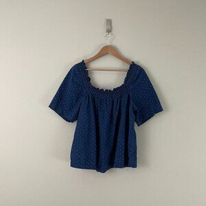 Madewell Indigo Square Neck Smock Top Rainbow Heart Swiss Dot Size XL